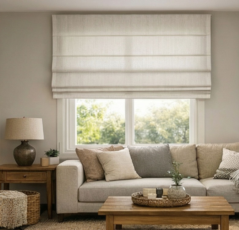 Salón con estor de paquete de lino en ventana pequeña