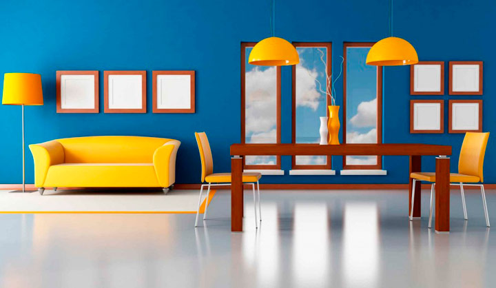 Pintar las paredes azules con sofá amarillo