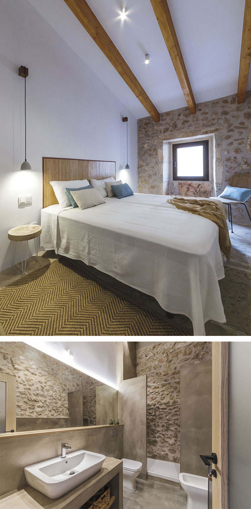Casa de pueblo restaurada en Mallorca dormitorio y cuarto de baño