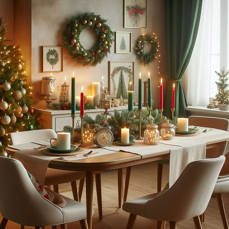 Comedor con decoración navideña con una mesa con velas verdes y rojas