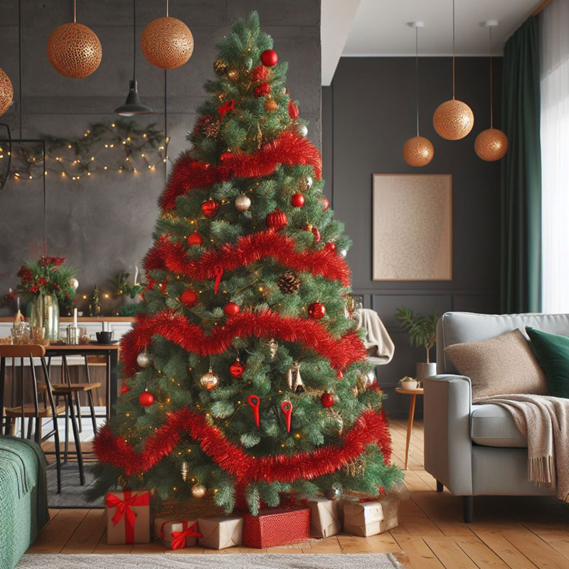 Guirnalda de espumillón rojo en un árbol de Navidad verde