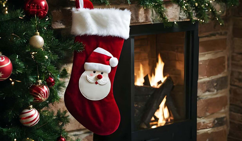 Calcetín de Papá Noel junto a la chimenea con un árbol de Navidad