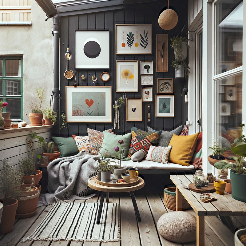 Balcón estilo ecléctico con cuadros y suelos de madera