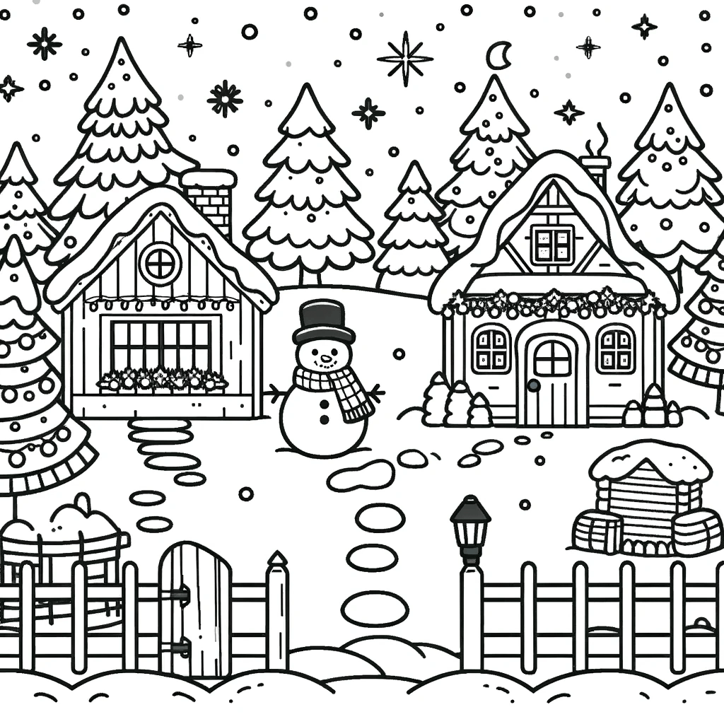 Dibujo para colorear de un pueblo nevado en navidades