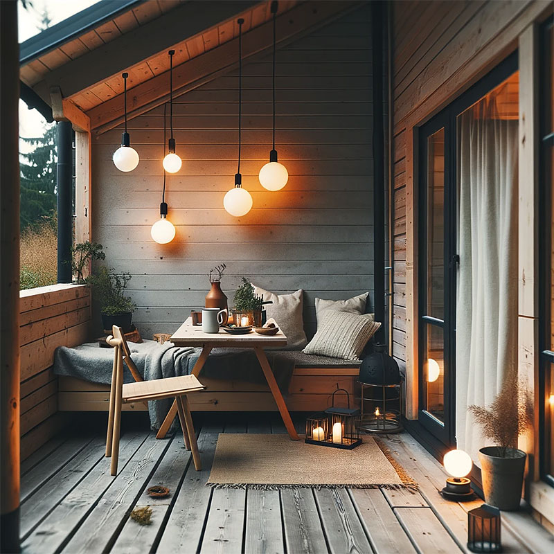 Iluminación de una terraza estilo vintage con suelos de madera