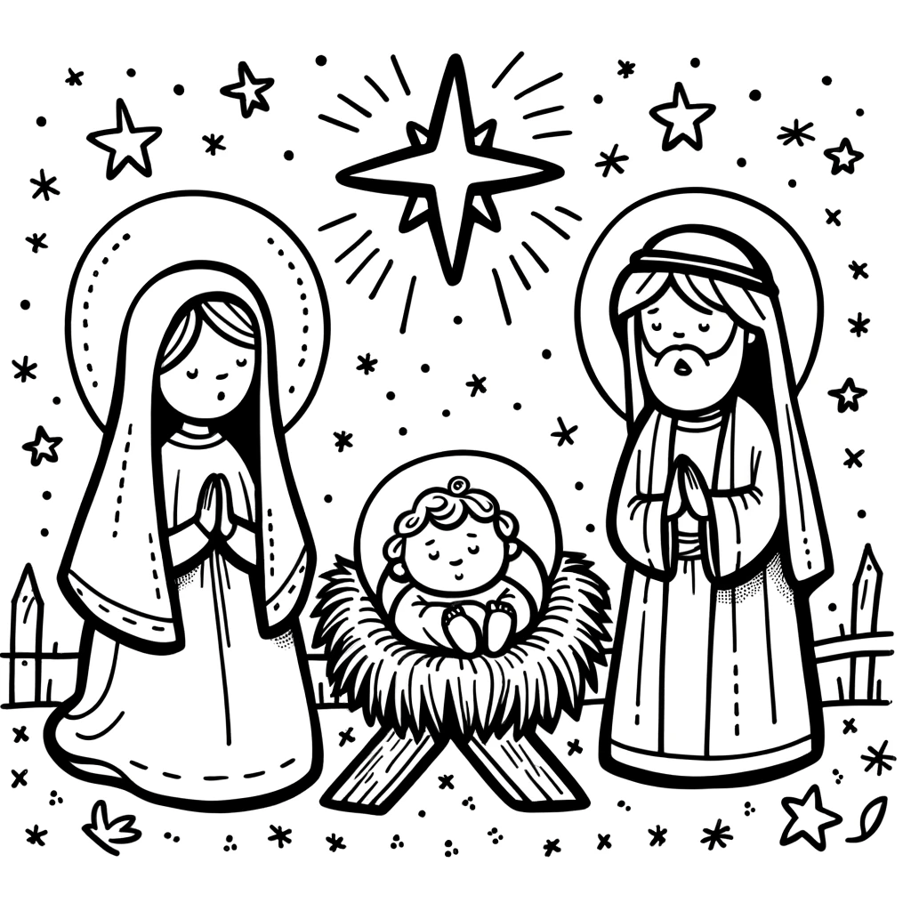Dibujo para imprimir y colorear de un pesebre con el nacimiento