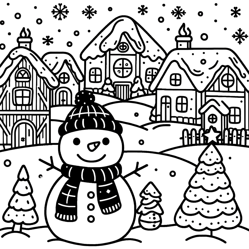 Pueblo nevado navideño para colorear con niños de 5 años
