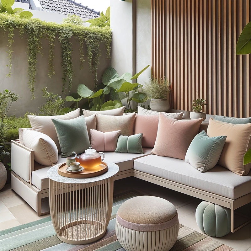 Terraza con un sofá y plantas