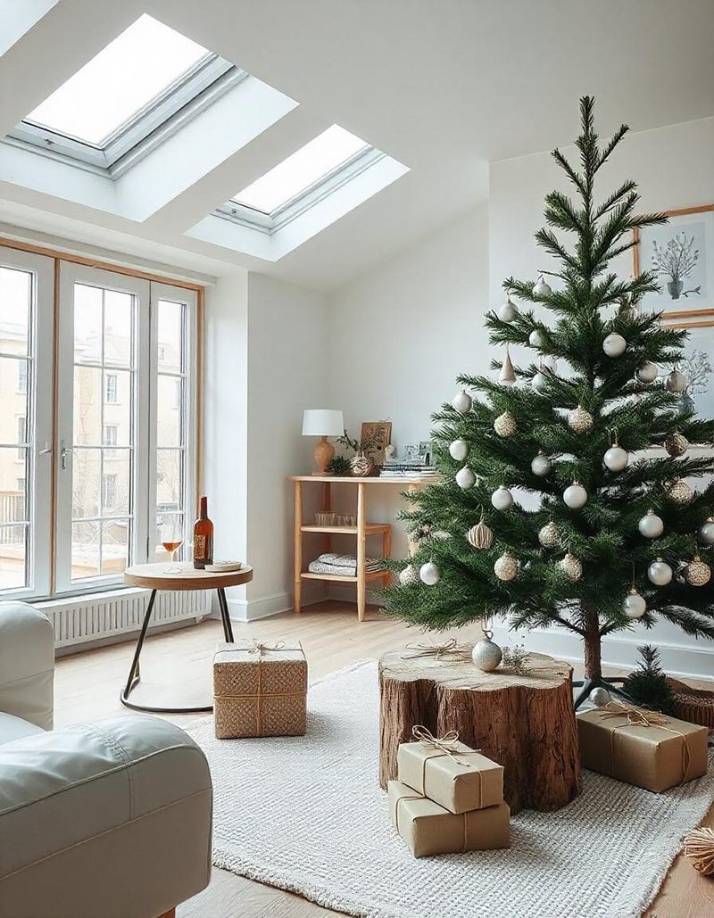 Un árbol de Navidad decorando un salón de estilo nórdico escandinavo