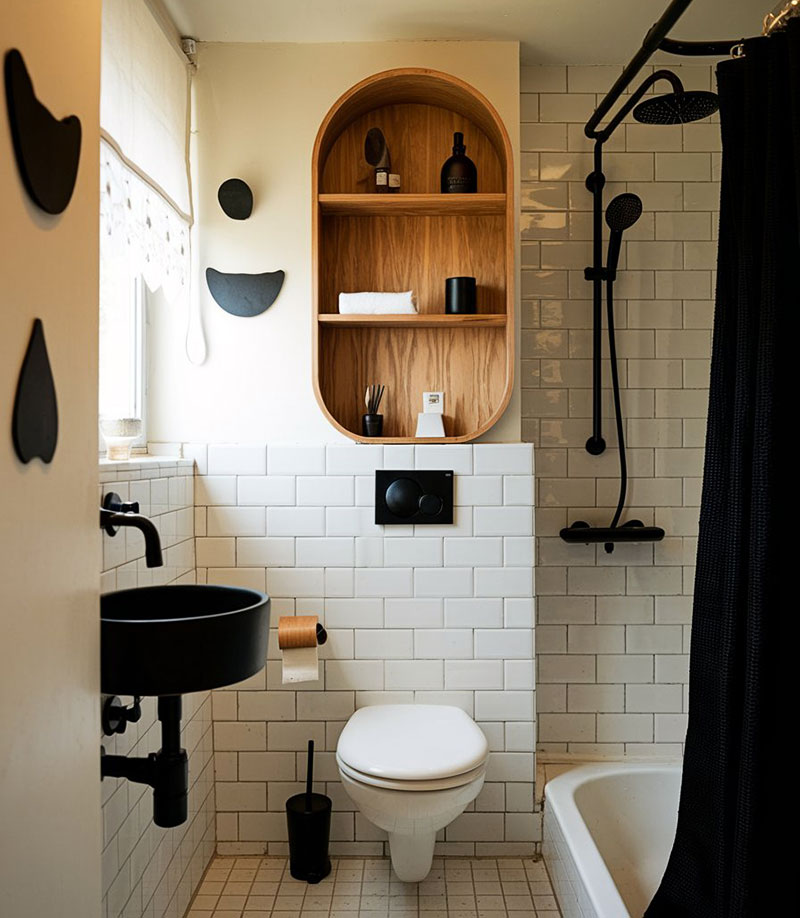 Baño pequeño estilo minimalista moderno decorado en blanco y negro