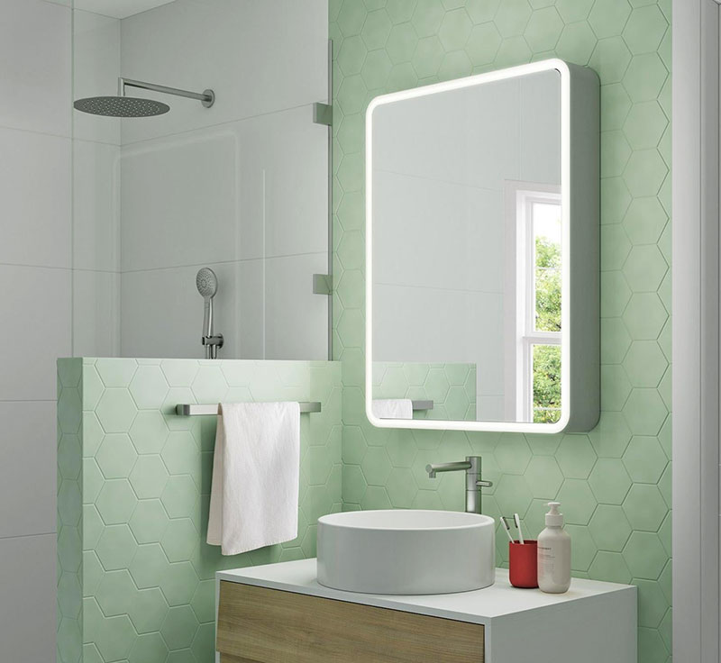 Baño pequeño color verde con plato de ducha y armario espejo