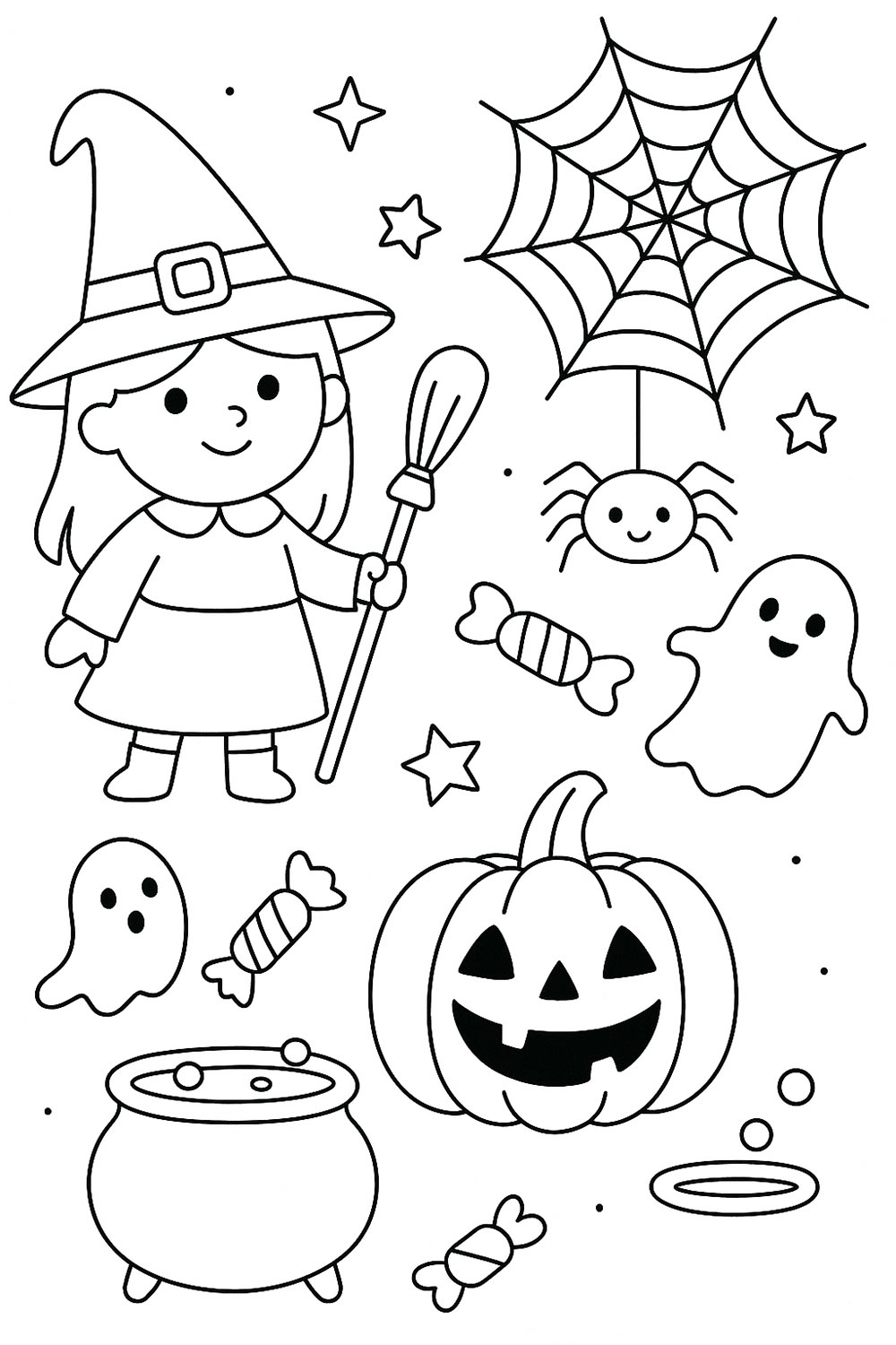 Página para colorear de Halloween con una bruja y una calabaza