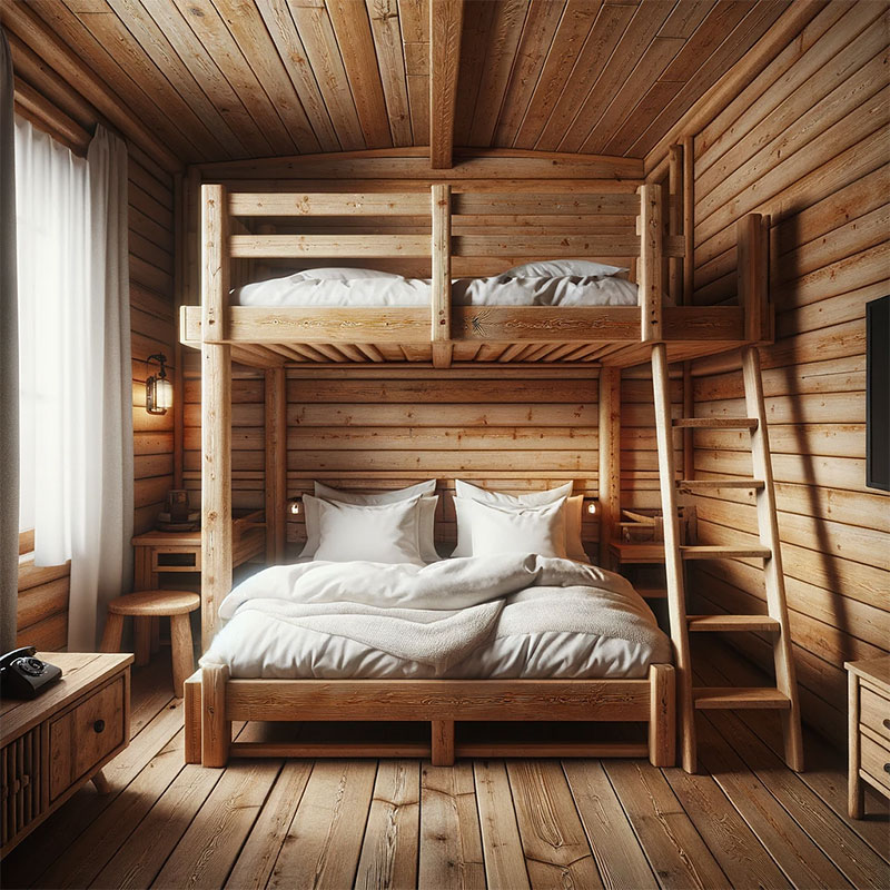 Dormitorio de una cabaña rústica con literas