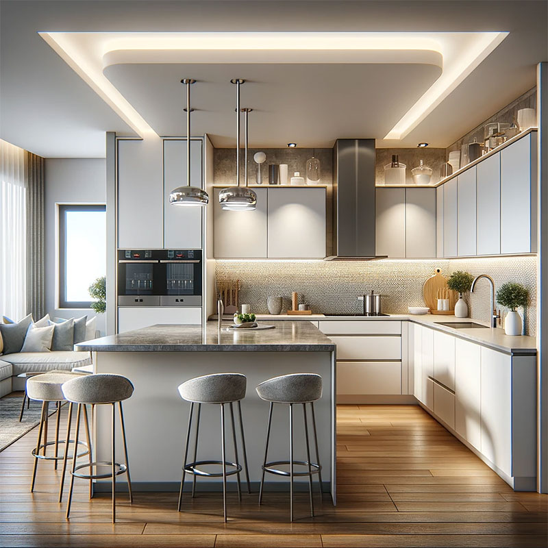 Una cocina americana moderna cuadrada abierta al salón