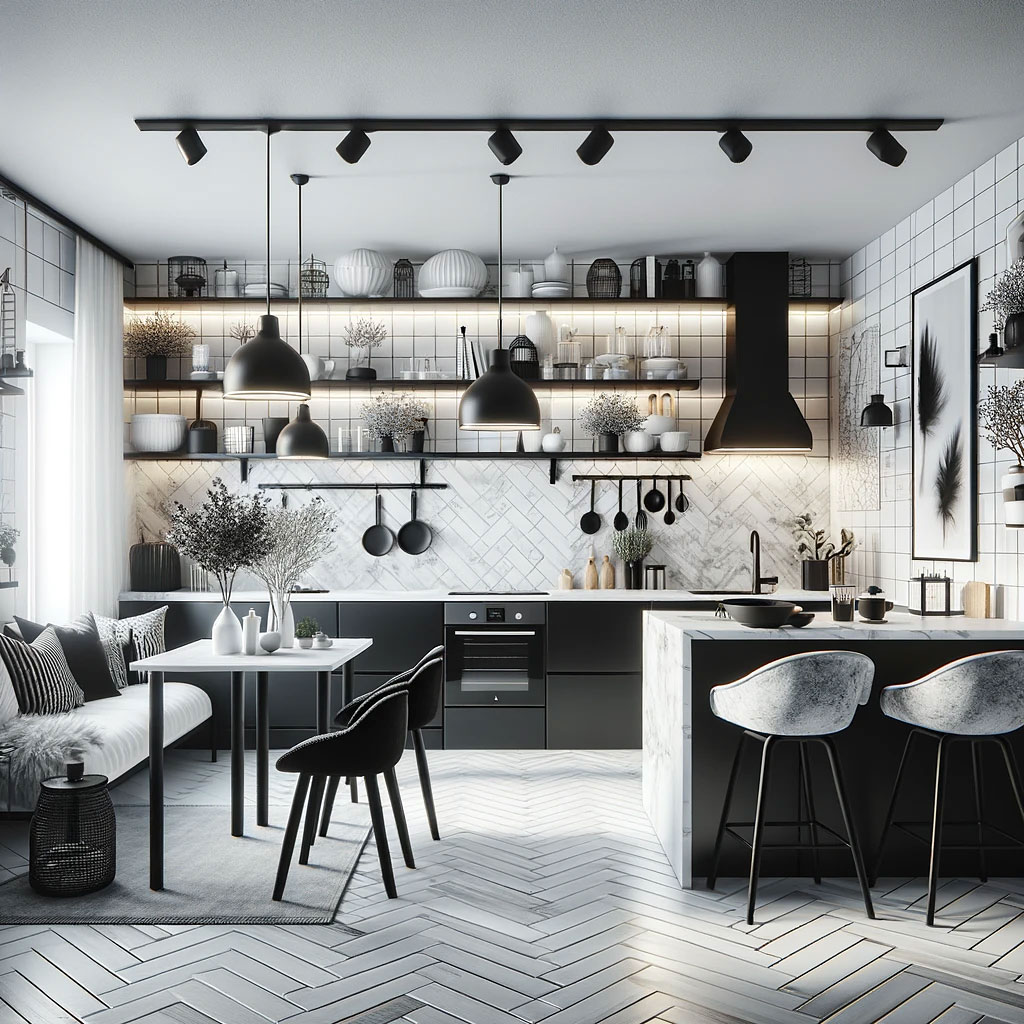 Cocina blanco y negro abierta al comedor con península