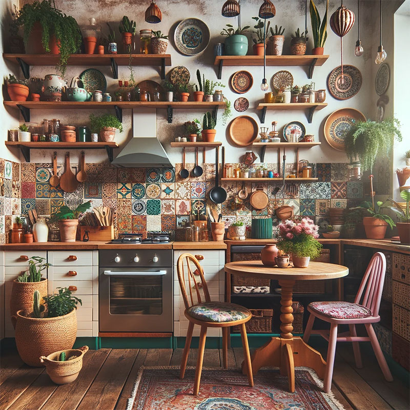 Una cocina ecléctica bohemia con estantes abiertos