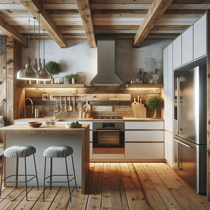 Cocina ecléctica rústica con isla y suelos de madera