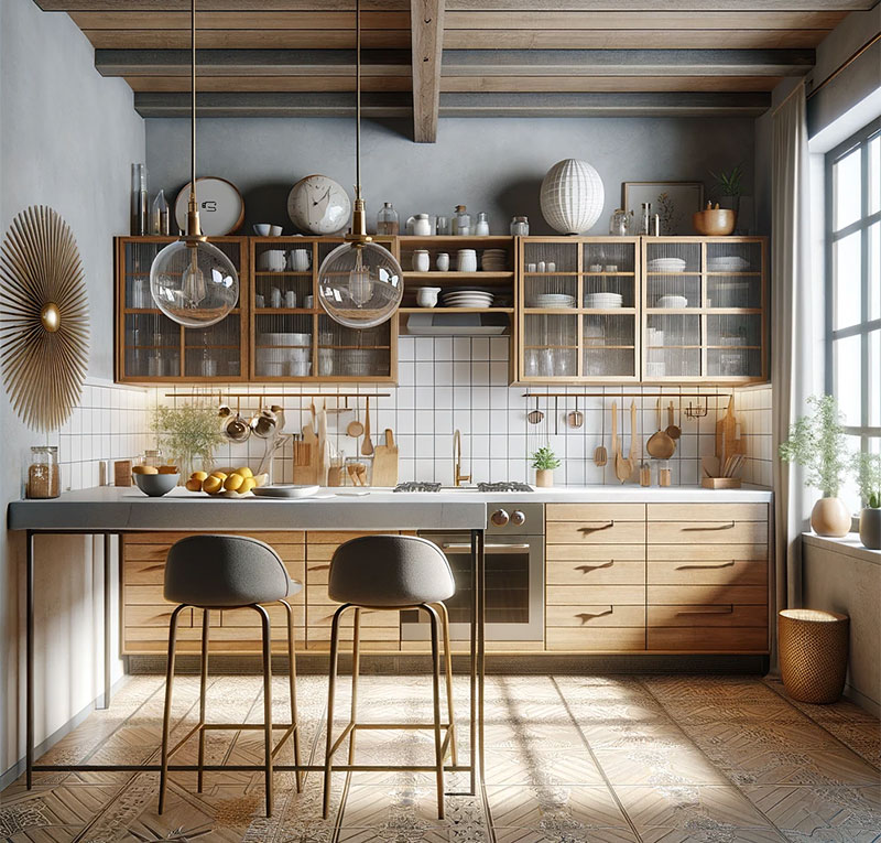 Cocina grande con barra de desayuno y armarios a la vista