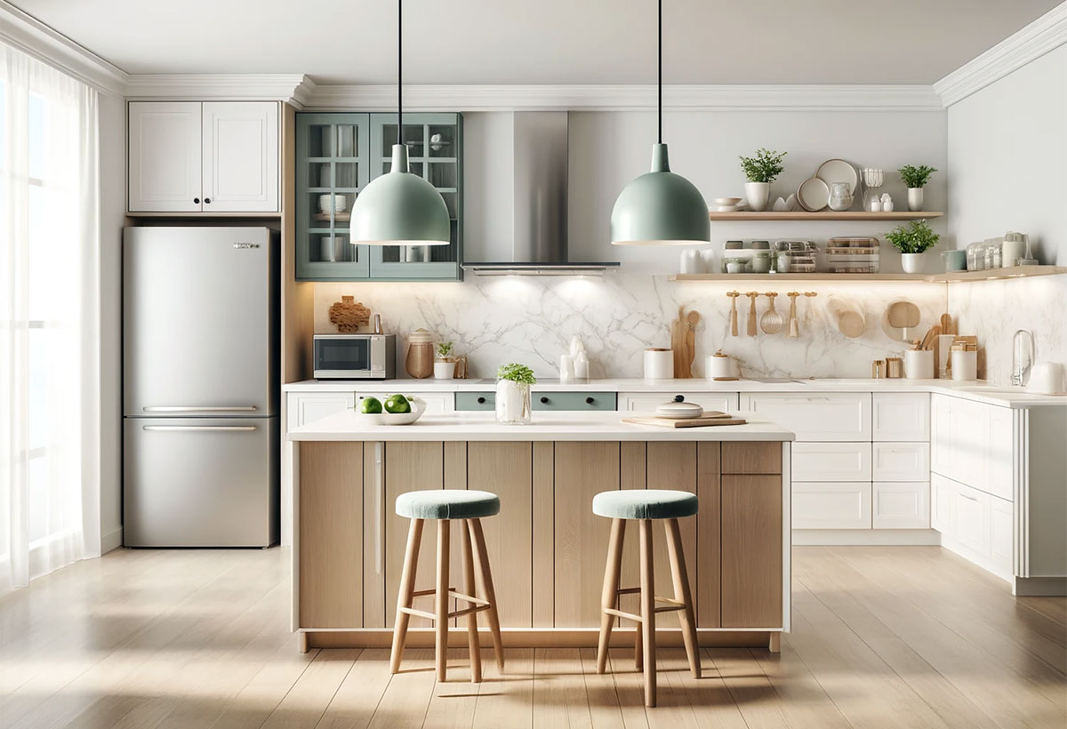 Cocina grande con isla de estilo vintage moderna con lámparas y taburetes verdes