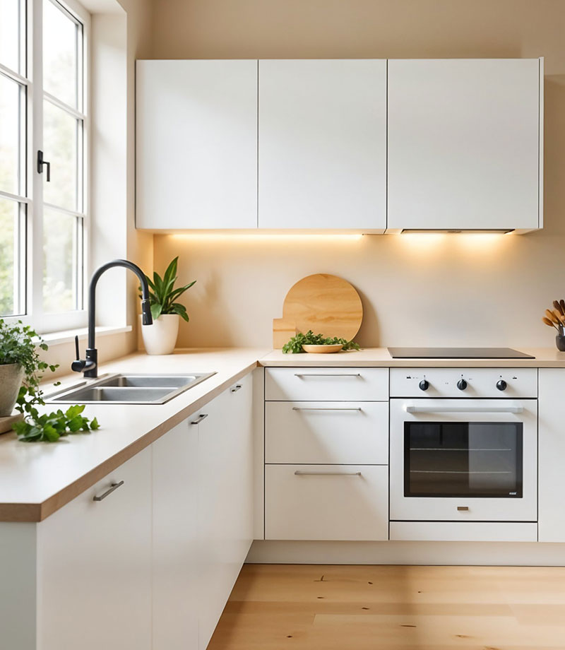 Una cocina moderna blanca de estilo minimalista con luces LED