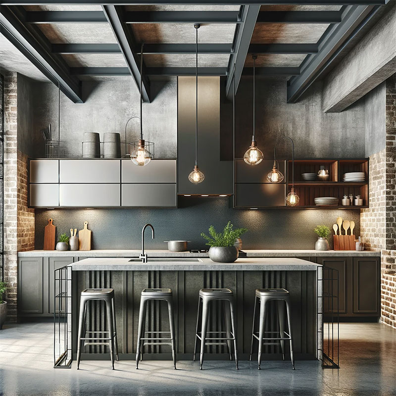 Una cocina moderna grande estilo industrial con isla