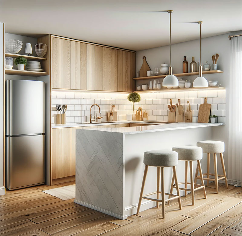 Una cocina moderna con península estilo escandinavo con detalles dorados