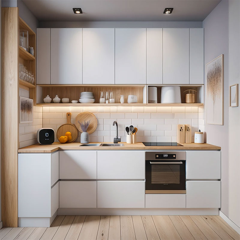 Una cocina pequeña y cuadrada de estilo minimalista elegante