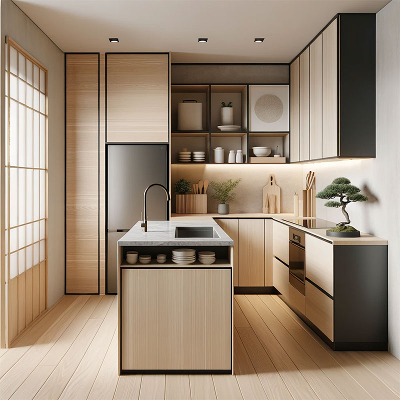 Cocina pequeña de diseño japonés con isla en blanco, negro y madera