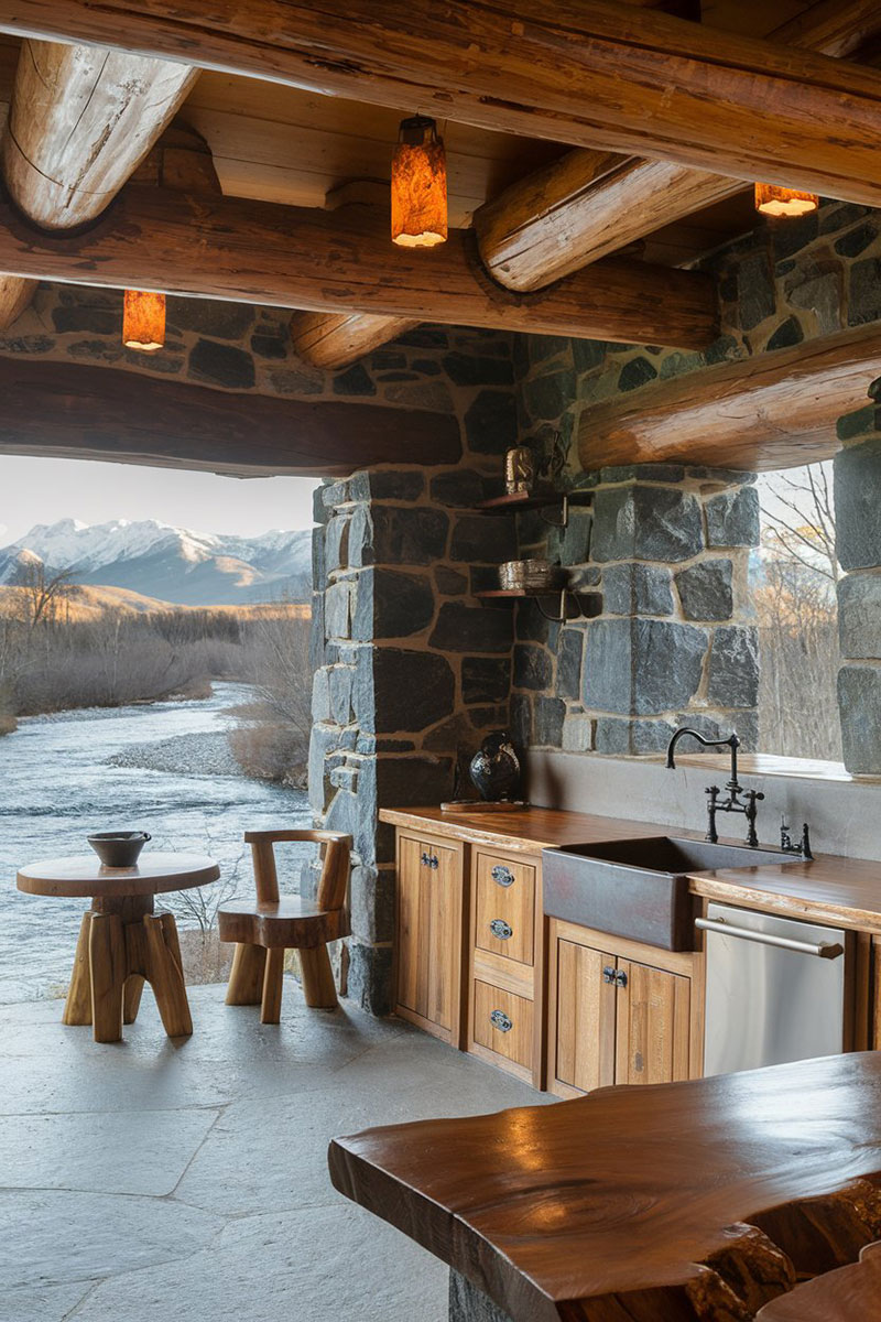 Cocina rústica americana abierta al patio