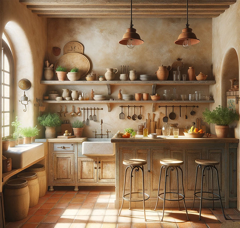 Cocina rústica con barra de desayuno estilo granja del Mediterráneo