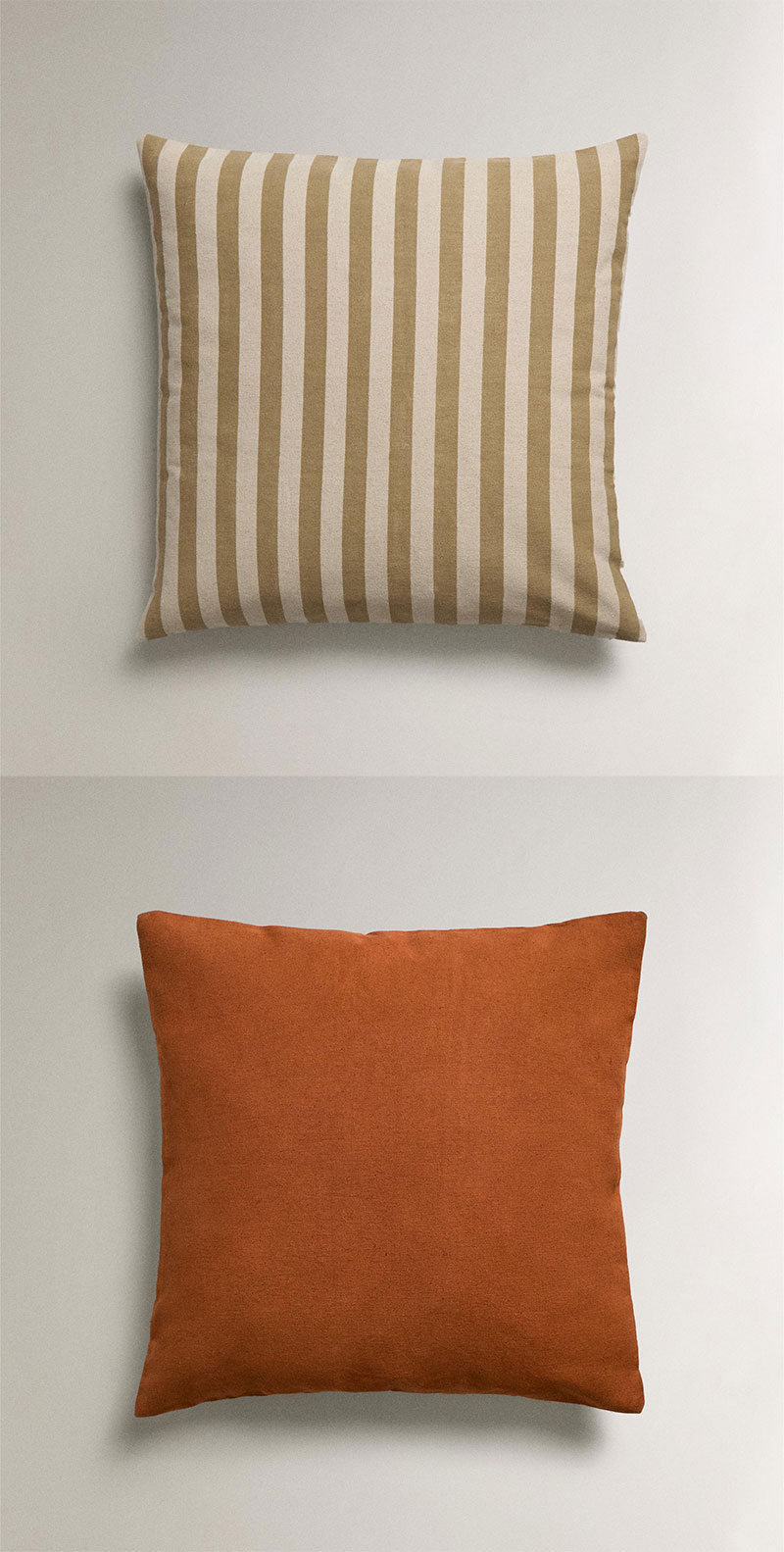 Cojines Zara Home lisos y de rayas en tonos tierra
