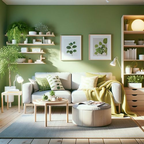 Colores que combinan con verde en las paredes de un salón nórdico minimalista