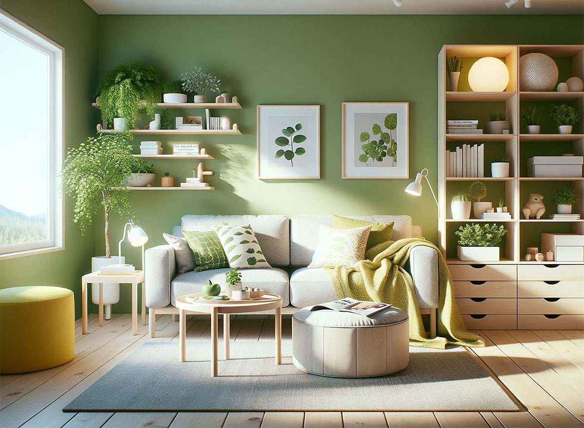 Colores que combinan con verde en las paredes de un salón nórdico minimalista