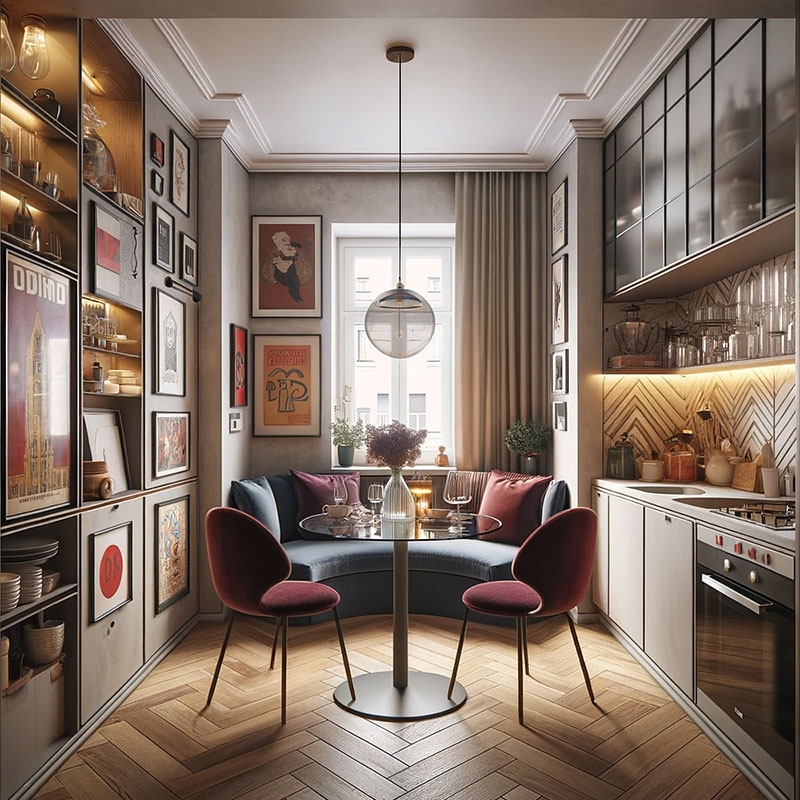 Comedor pequeño ecléctico abierto a la cocina con cuadros vintage y muebles retro