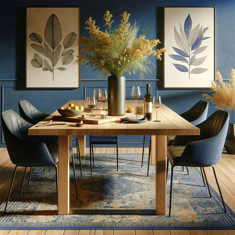 Comedor azul vintage con mesa de madera y alfombra