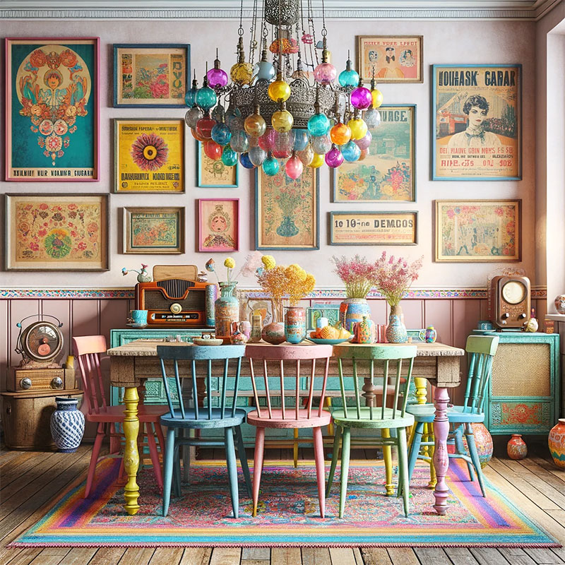 Comedor ecléctico con mezcla de colores en sillas de madera, cuadros y alfombra