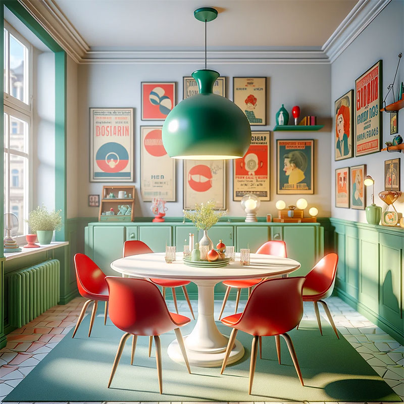 Comedor ecléctico pequeño con sillas vintage y lámpara retro