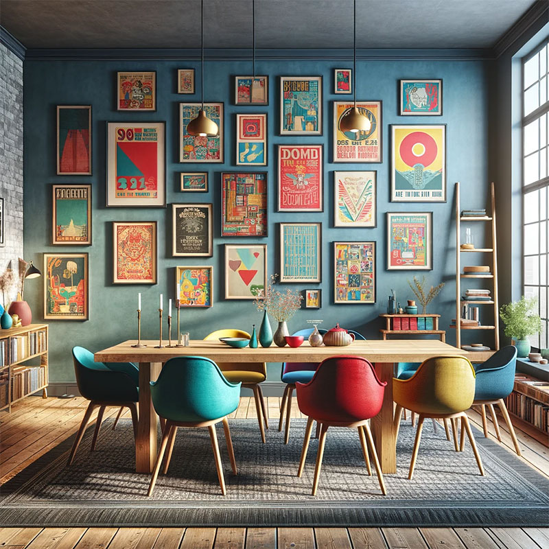 Comedor ecléctico grande con cuadres retro en las paredes