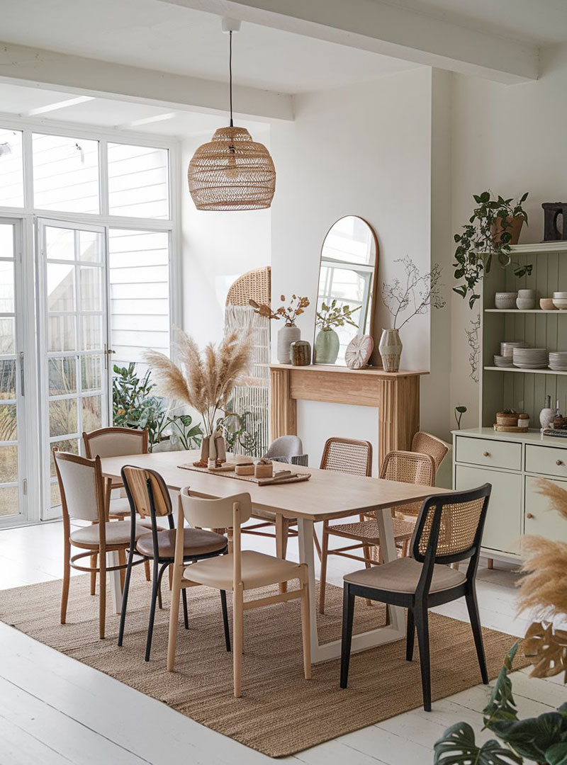 Comedor estilo nórdico bohemio acogedor en blanco con una alfombra bajo la mesa, lámpara y toques vintage modernos