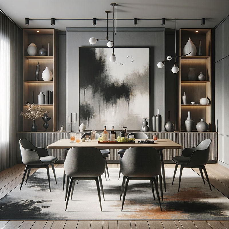 Un comedor gris elegante y sofisticado con mesa de madera y alfombra
