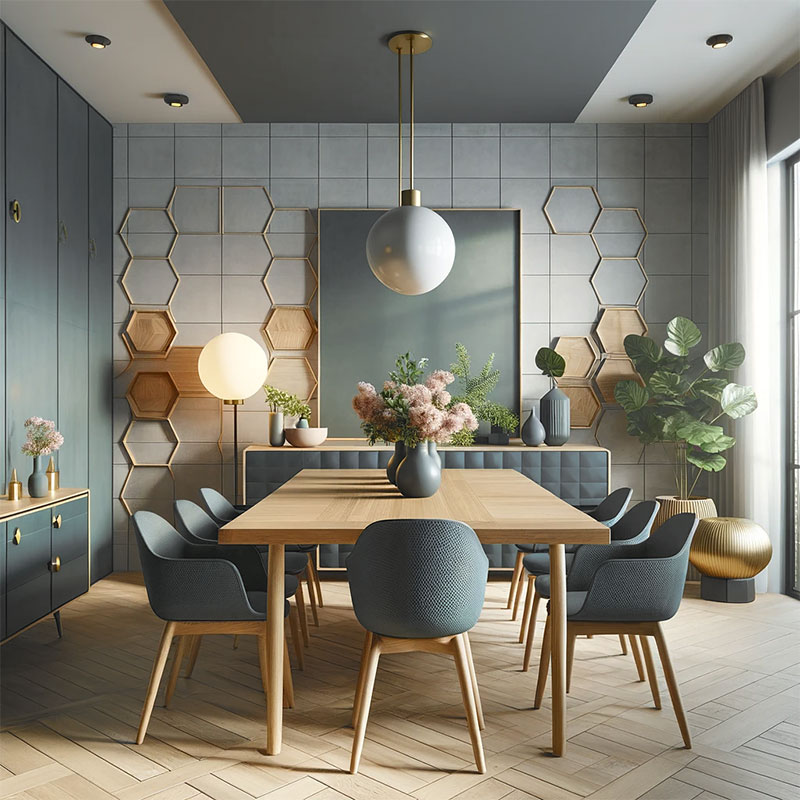 Comedor gris grande, elegante y sofisticado