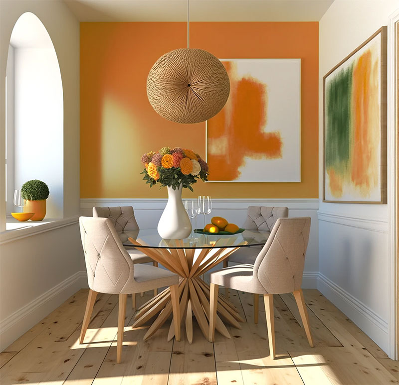 Comedor naranja pequeño estilo minimalista con una lámpara de ratán