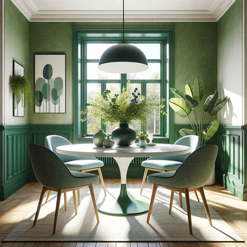 Comedor verde pequeño estilo vintage con una alfombra, un ventanal y plantas
