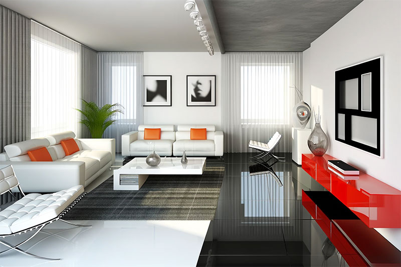 Cortinas blancas y grises en un salón moderno