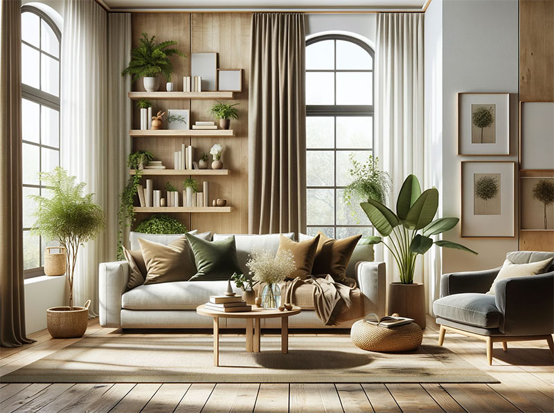 Cortinas para un salón grande con un sofá, alfombra y plantas