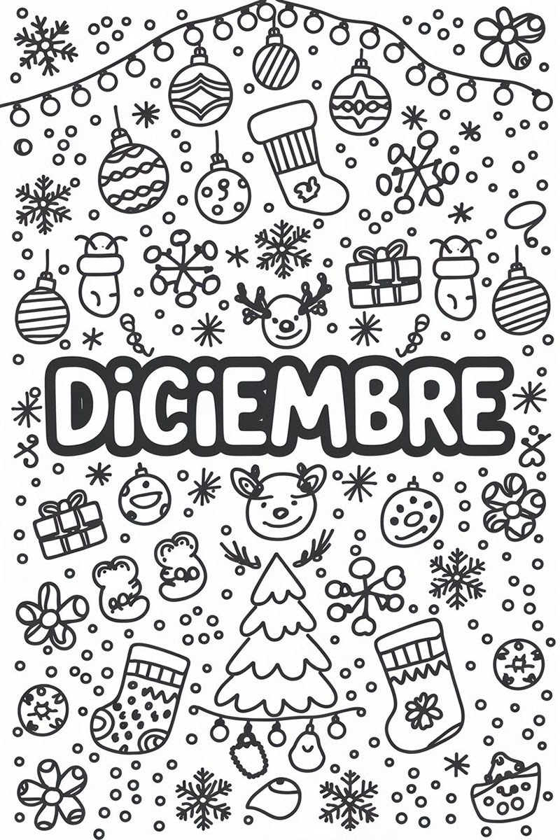 Página de Navidad con dibujos navideños para colorear en Diciembre
