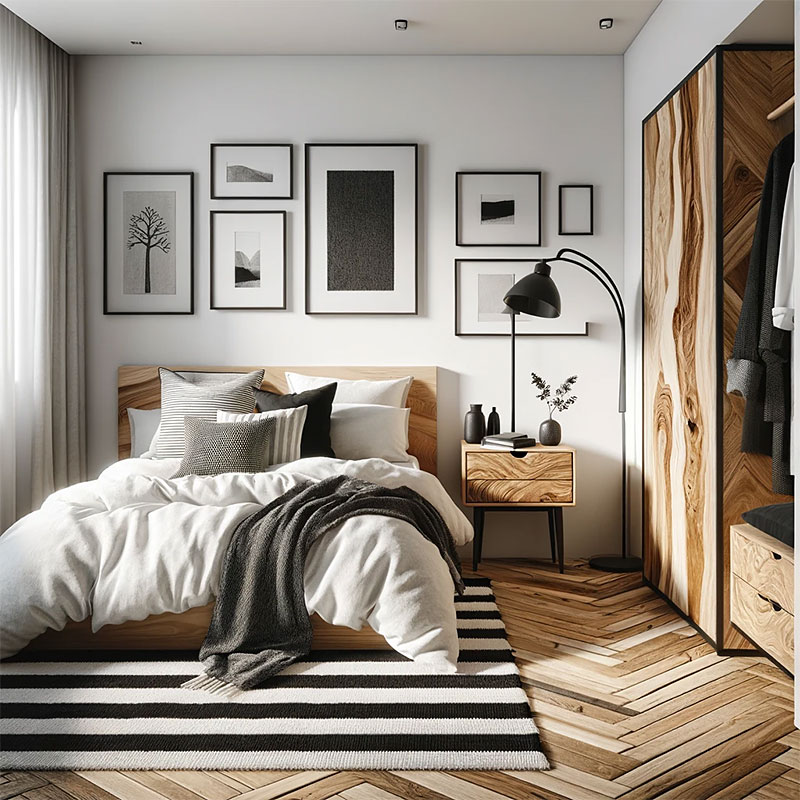 Un dormitorio blanco, negro y madera de estilo rústico moderno