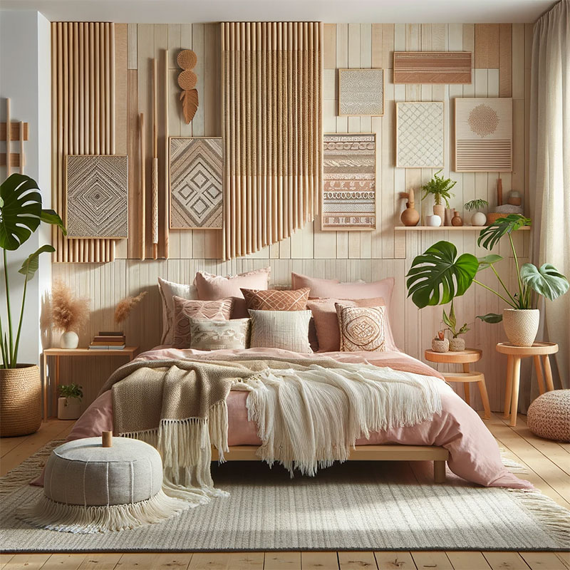Dormitorio Bohemio con pared de madera recuperada en colores pastel