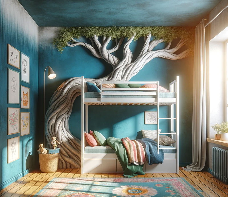 Un dormitorio infantil con camas tipo litera que parecen de un cuento