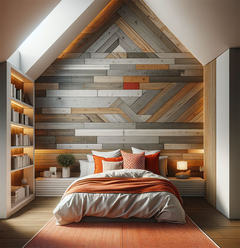 Dormitorio con pared de madera en una buhardilla moderna